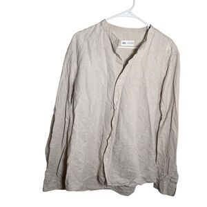 Zara Shirt Men's Large Beige Button Up Crew Neck Long Sleeve Preppy Minimal